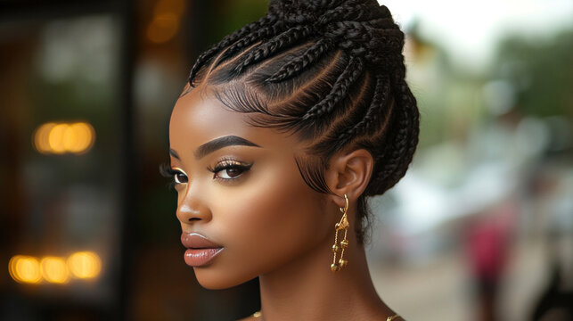 Braided hairstyles featuring thick cornrows styled into a high bun with metallic accents