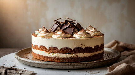 Tiramisu cake on a plate is perfect for food blogs, menus, restaurant advertisements, dessert recipes, social media posts, and culinary designs.