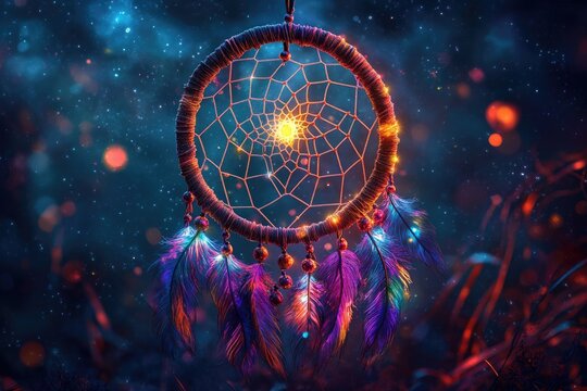 Illuminated dreamcatcher hanging in mystical night sky