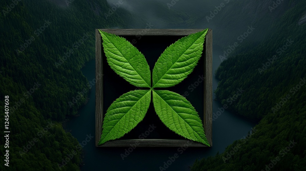 Poster nature's symmetry: a captivating shot of four vibrant green leaves arranged to create a unique image