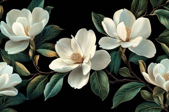 White magnolia flowers blooming on dark green leaves background