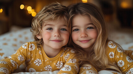 Children fashion campaign with kids modeling cheerful pajamas in a cozy bedtime setting