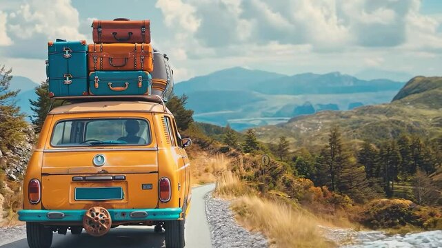 The roof of a bright yellow car is stacked with colorful suitcases, symbolizing summer vacation, road trips, and exciting travel adventures.
