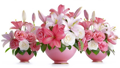 Obraz premium Festive Valentine's Day decorations: Valentine floral arrangement, roses and lilies in elegant vases.