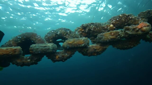 Dramatic close-up glide video, the camera glides across individual links of a massive anchor chain covered in barnacles against a dark ocean floor, strong light reveals texture