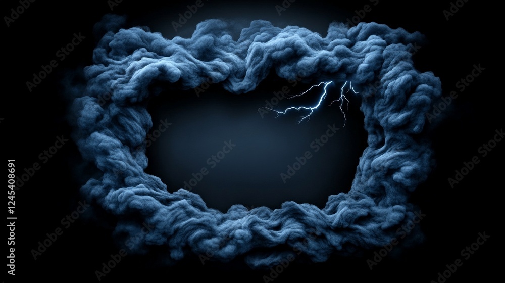 Poster dramatic storm frame: a dynamic composition of swirling dark clouds encircles a central void, punctu