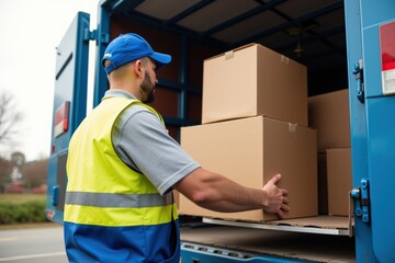 Delivery Professional Loading Boxes into Truck from Shipping Container on a Bright Day in a Busy Urban Environment