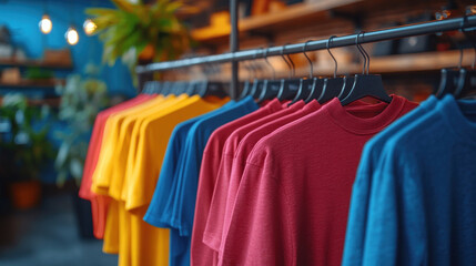Obraz premium Clothing racks with coordinated color schemes displayed in a modern retail store