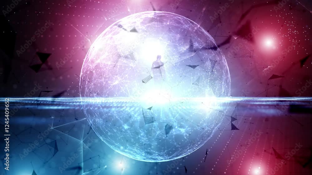 Poster futuristic shiny digital tech network with walking man and sphere animation.