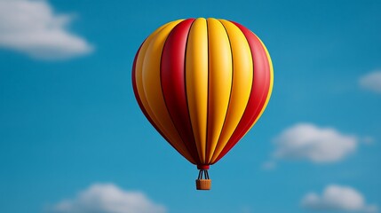 Fototapeta premium Colorful Ascent: A vibrant hot air balloon floats gracefully against a backdrop of a bright blue sky dotted with fluffy, cumulus clouds. Capturing the thrill of flight and the freedom of travel.