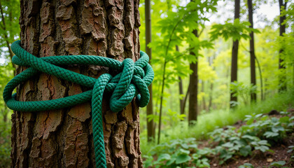 Green rope tied around tree trunk in lush forest