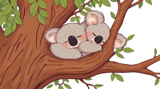Cute koala bear peacefully napping on eucalyptus tree branch in a whimsical cartoon style, illustration, cartoon, animal