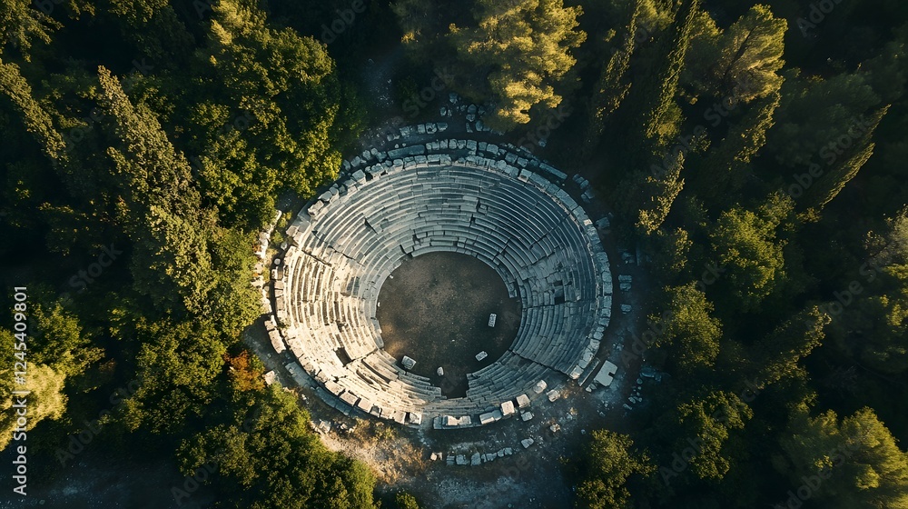 Poster aerial view of a modern circular structure surrounded by lush greenery, showcasing innovative archit