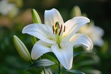 Obraz premium White lily blooming in a garden under the sunlight