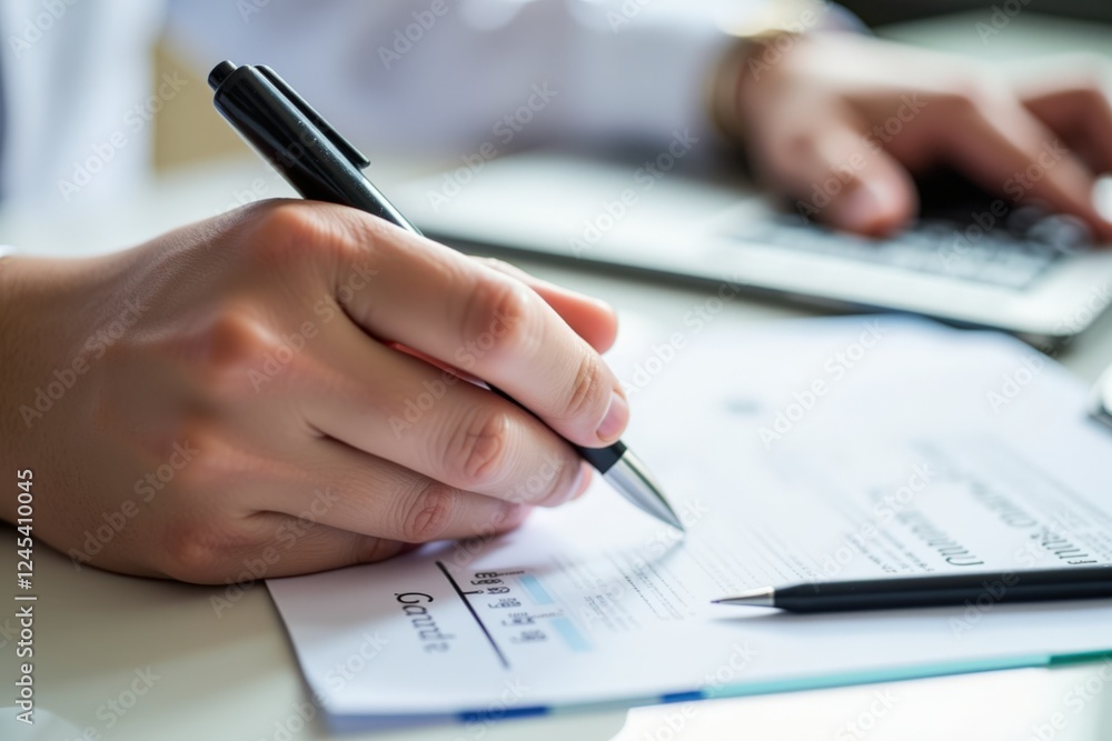 Poster an individual focusing on detailed work with a pen and calculator at a desk, engaged in document man
