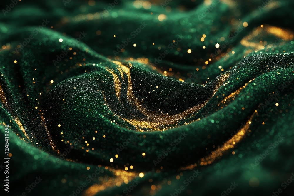 Poster glittering green and gold sparkling abstract background with wavy texture