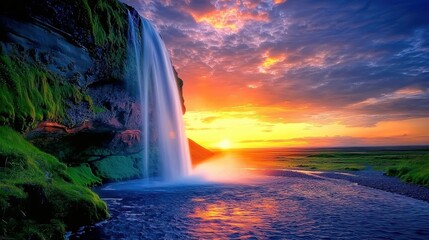 Fototapeta premium Dreamy Sunset Over Serene Waterfall