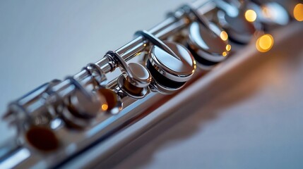 Obraz premium Close-up of a Silver Flute's Keys, Gleaming Under Soft Light