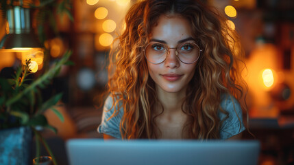 A person with curly hair and glasses is seated at a laptop in a warmly lit, cozy room. The background features soft bokeh lights and plants, creating a comfortable and inviting atmosphere.