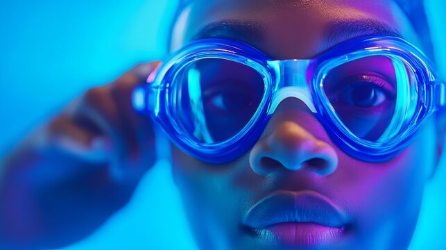 Close-up portrait of a swimmer adjusting their goggles under vibrant blue lighting, showcasing focus - Powered by Adobe