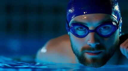 Close-up of a focused swimmer preparing for a race in a blue-lit swimming pool environment