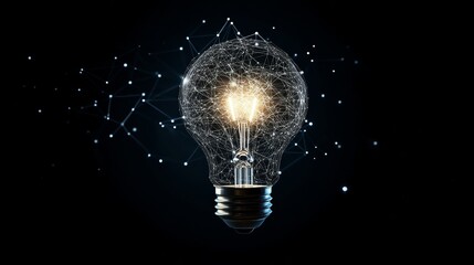 Futuristic digital lightbulb with neural network design on black background