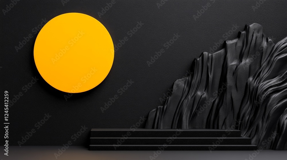 Poster illuminated stage: a striking minimalist stage design with a bright yellow circle and black rock-lik