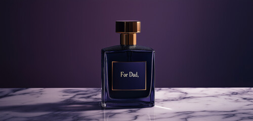 A premium bottle of cologne with an elegant label reading For Dad, placed on a marble surface, against a dark purple background.