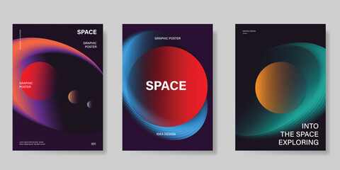 Planet and galaxy Space card vector set. Solar system with galaxy planets, asteroids, jupiter, saturn, mars, moon, ring line solar. Cosmic design for flyer, brochure, background, poster, cover.  © babeer