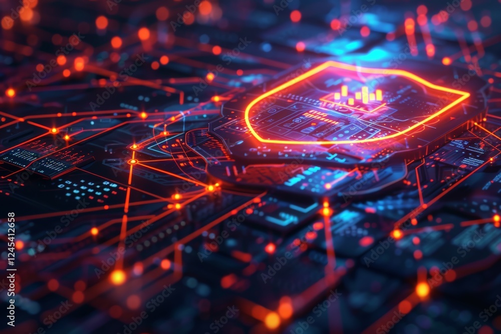 Poster a computer chip with a glowing red shield on it a futuristic depiction of a cybersecurity shield dyn