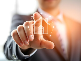a businessman interacting with a digital home icon.