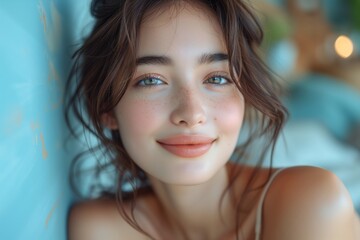 Surreal close-up portrait freckled Asian woman smiling warmly. Soft lighting highlights flawless skin, relaxed pose, gentle, inviting expression. Light blue background enhances intimate, friendly.