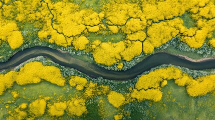 Aerial view of winding river, vibrant yellow fields, lush greenery surrounding, ideal for nature themes, serene landscapes.