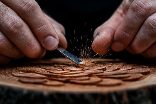 Hands carving intricate wooden pattern on natural surface