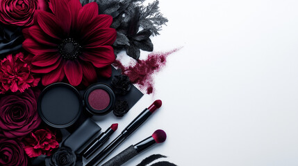 Burgundy and black floral arrangement with makeup brushes