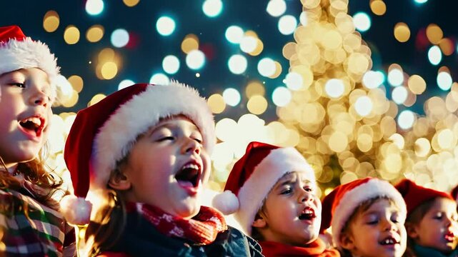 Christmas Carolers: Children in Santa hats joyfully sing carols under a twinkling Christmas tree, their voices filled with festive cheer.