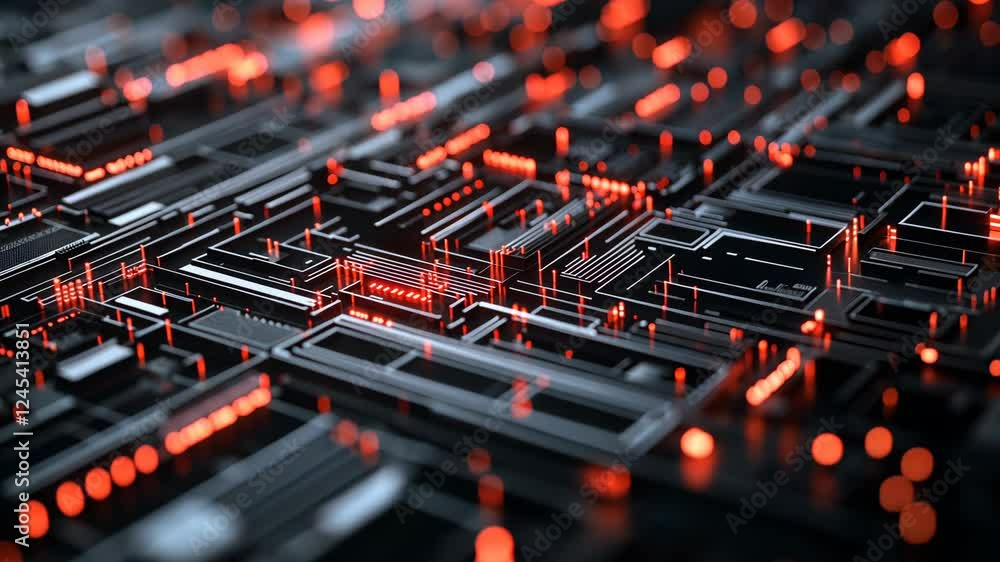 Poster futuristic circuit board with glowing red and black elements in motion