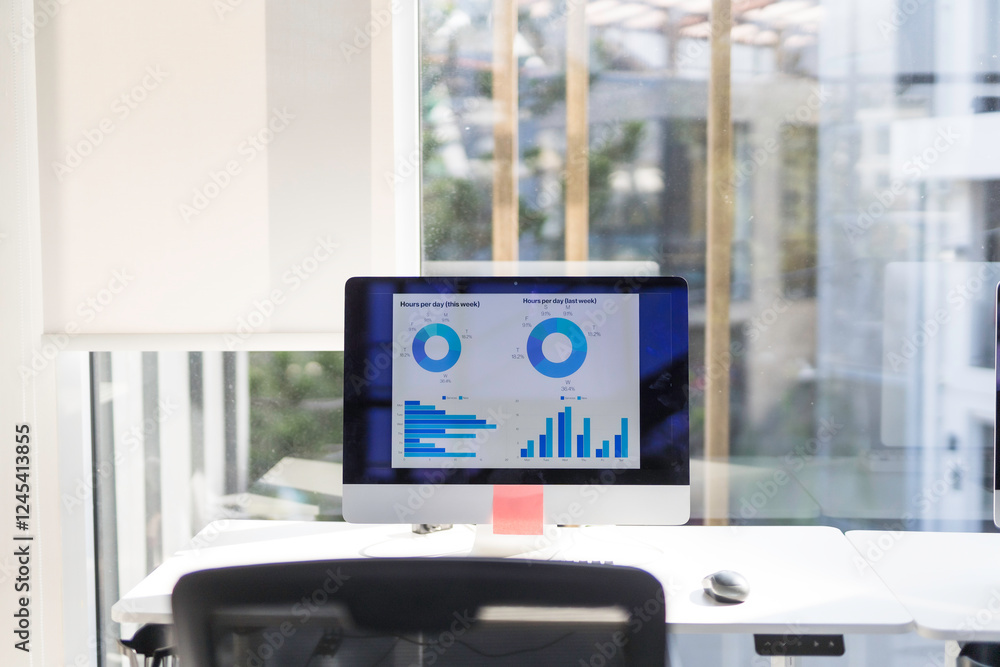 Poster computer showing charts and diagrams on a modern office desk