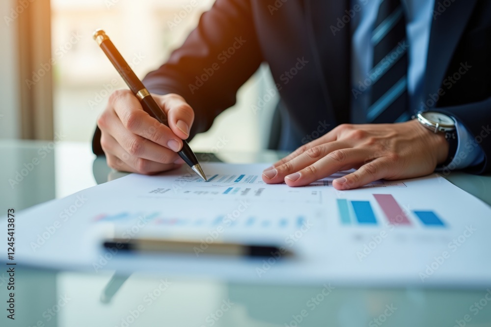 Poster a business professional analyzing financial reports with data visualizations on a table, demonstrati