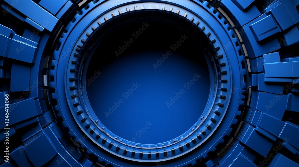 Poster geometric core: intricate detail of a technological core rendered in a cool blue hue, showcasing a f