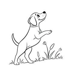 A puppy happy moment in the meadow line art vector illustration on a white background. Cute baby dog illustration.