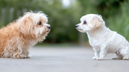 Two small dogs facing each other outdoors