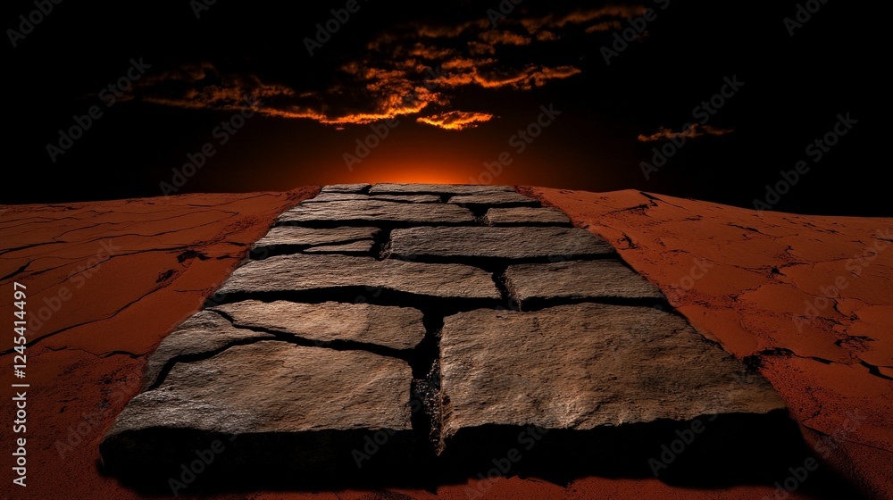 Poster path to the unknown: a stone path winds its way across a desolate, alien landscape under a dramatic 