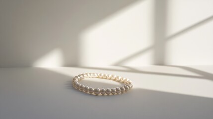 Pearl bracelet, sunlight, white background, minimalist