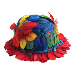 Obraz premium Vibrant Parrot-Inspired Feathered Cap Accessory on Clean White Background