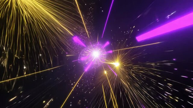 Vibrant neon hyper-speed tech tunnel with smooth forward motion video, purple and gold streaks leaving trails of light particles