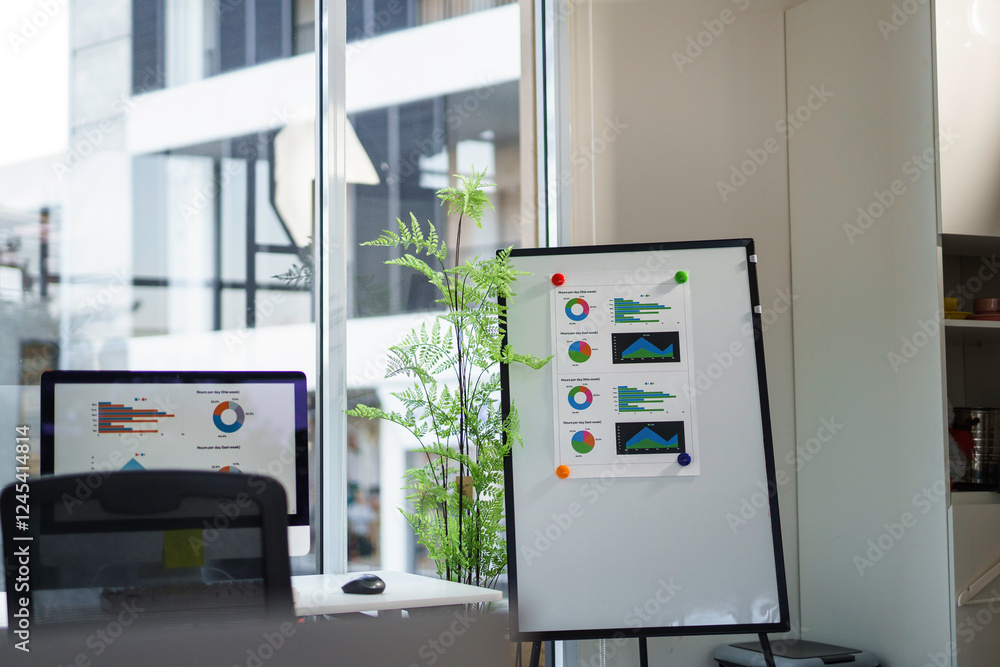 Poster analyzing financial charts and graphs displayed on a whiteboard and computer screen in a modern offi