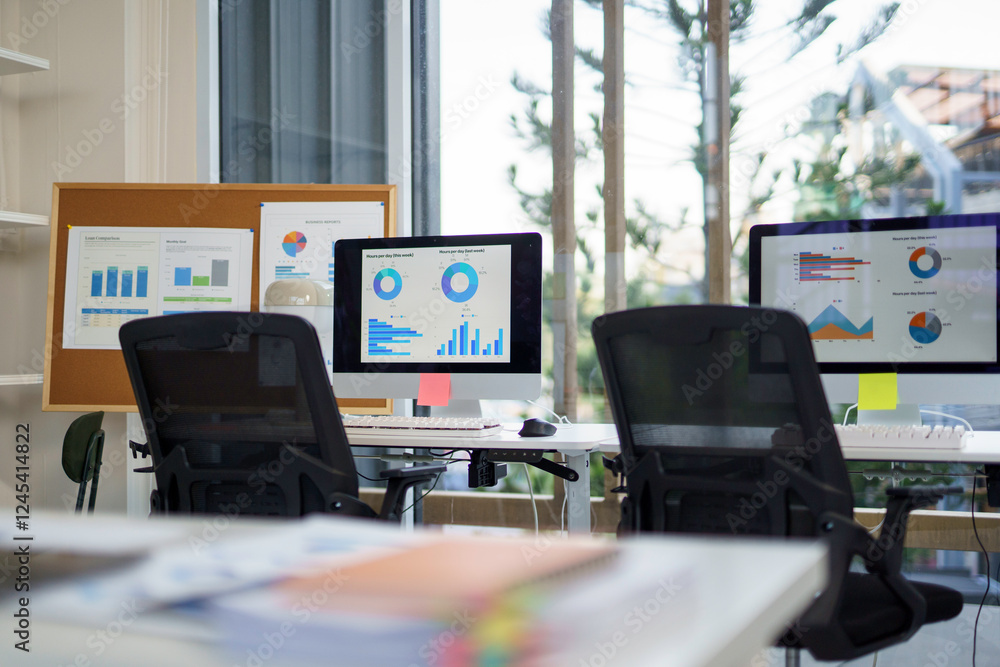 Poster marketing analysts workplace with computers showing charts and graphs