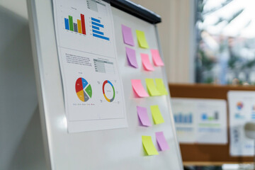 Business charts and colorful sticky notes showing positive growth on a flip chart in an office meeting room