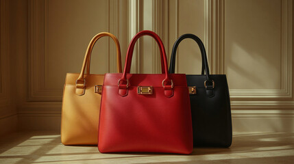 Handbags photoshoot featuring chic leather totes placed against a neutral backdrop